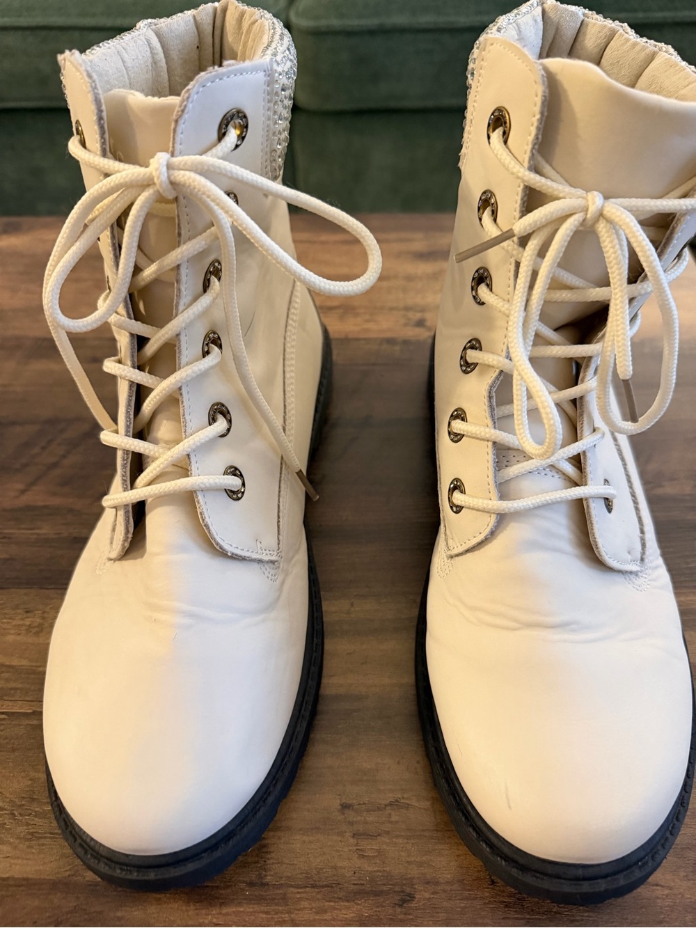 bebe Cream Lace-Up Combat Boots with Black Lug Sole